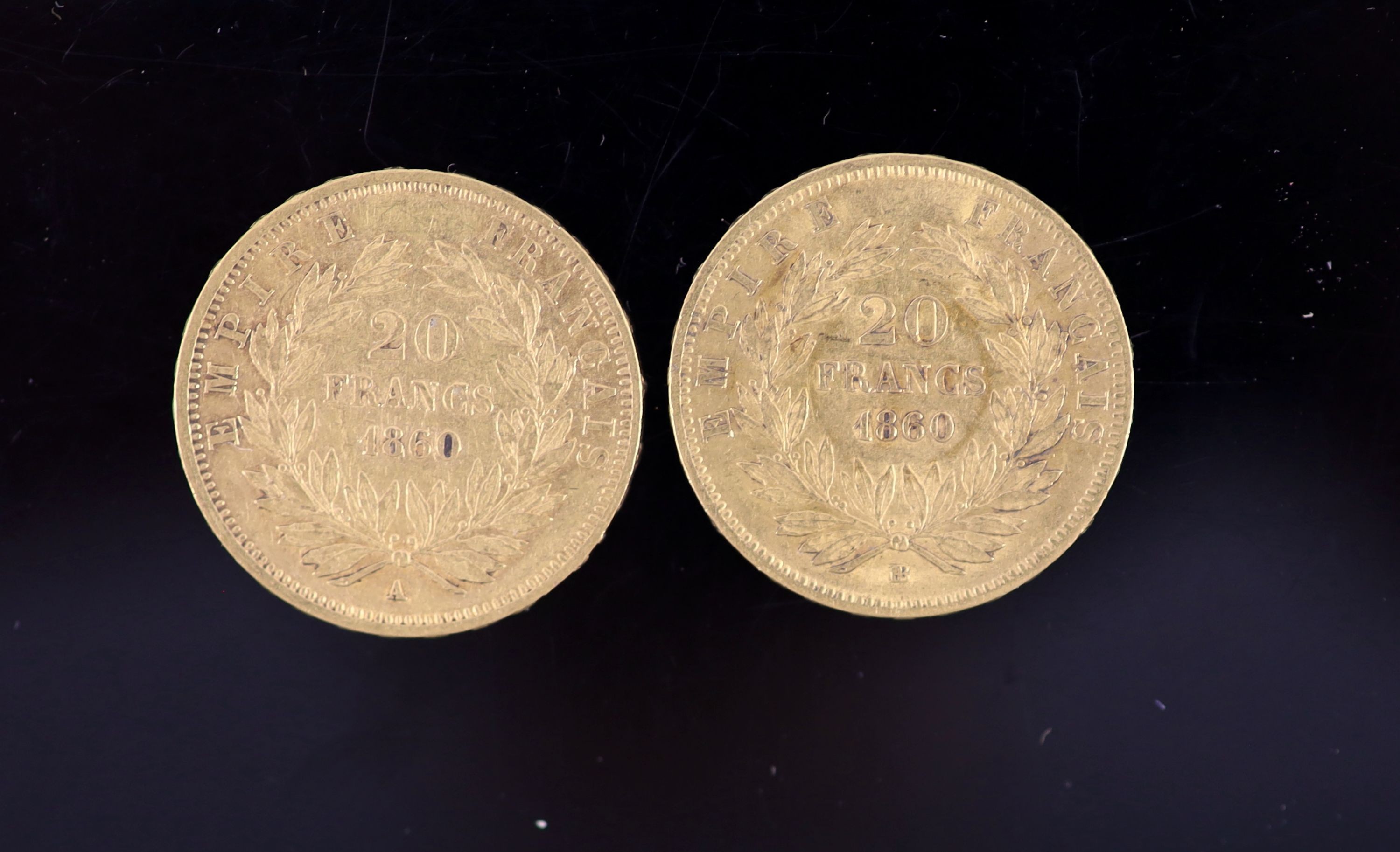 France coins, two Napoleon III gold 20 francs, 1860BB, F and 1860A, F